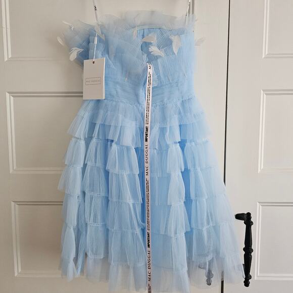Mac Duggal 20529 Blue Feathered Strapless Tulle Fit and Flare Dress Size 8 - Picture 5 of 7